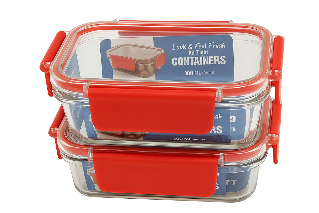 Airtight Glass Food Storage Containers – 2-Piece 300ml Set with Red Lock Clips | Leak-Proof, Microwave Safe, Fresh-Keeping Lunch & Snack Boxes