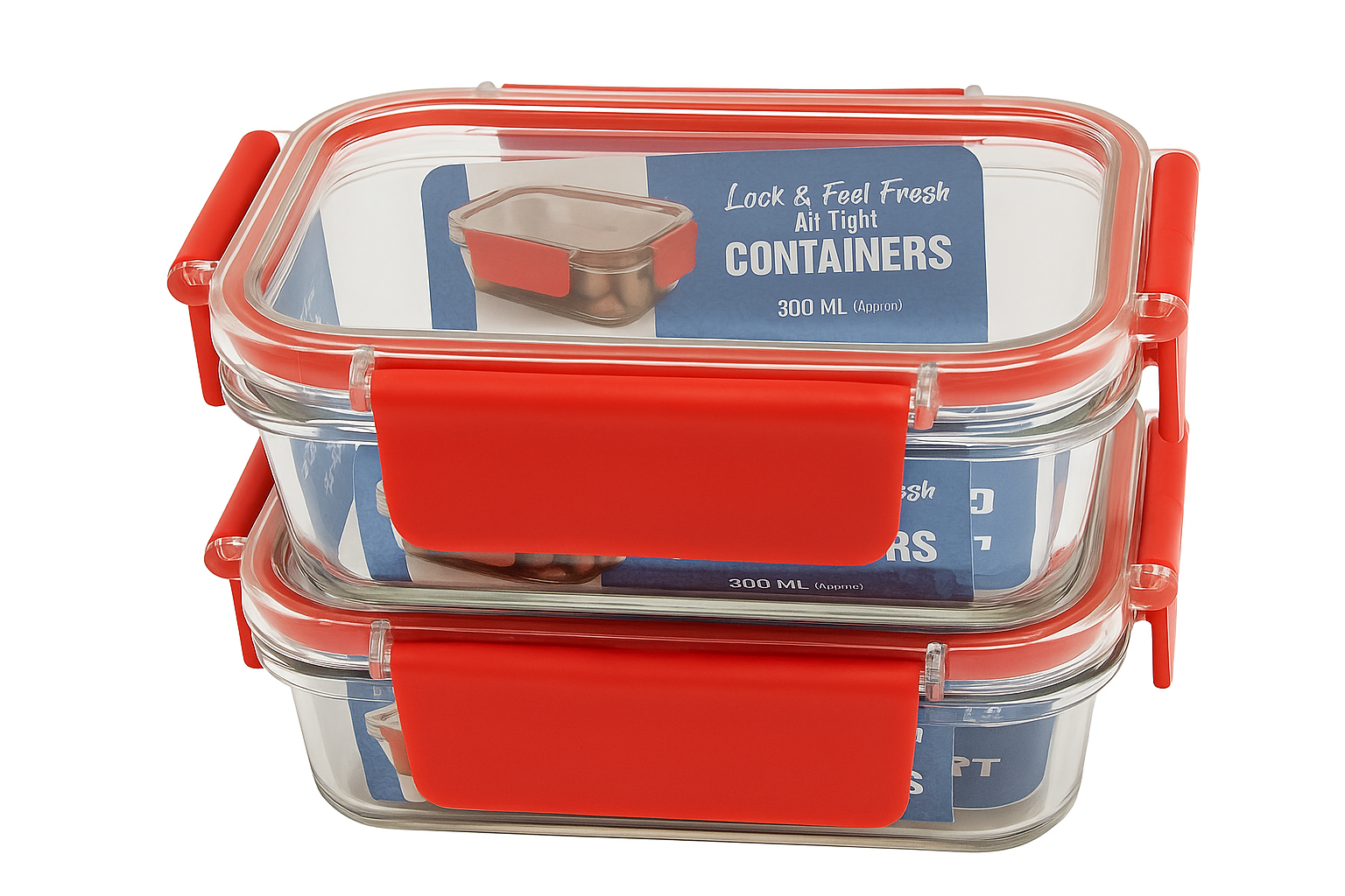 Airtight Glass Food Storage Containers – 2-Piece 300ml Set with Red Lock Clips | Leak-Proof, Microwave Safe, Fresh-Keeping Lunch & Snack Boxes