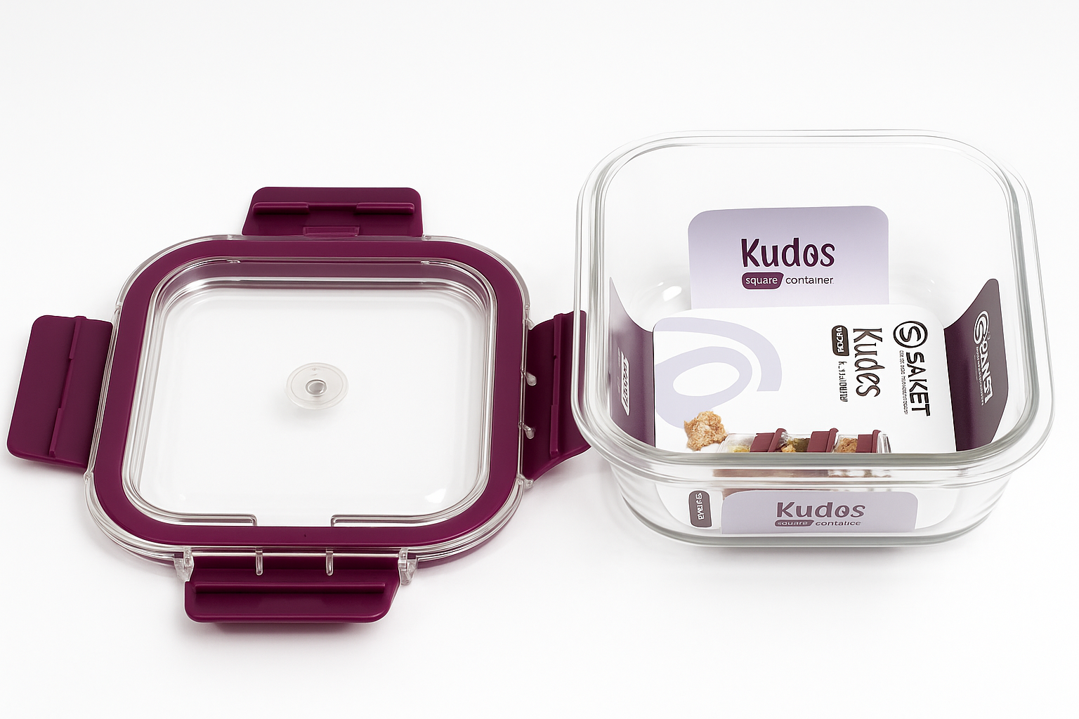 Saket Airtight Glass Food Storage Container – 600ml Leak-Proof Lunch Box with Purple Lock Lid | Microwave & Dishwasher Safe