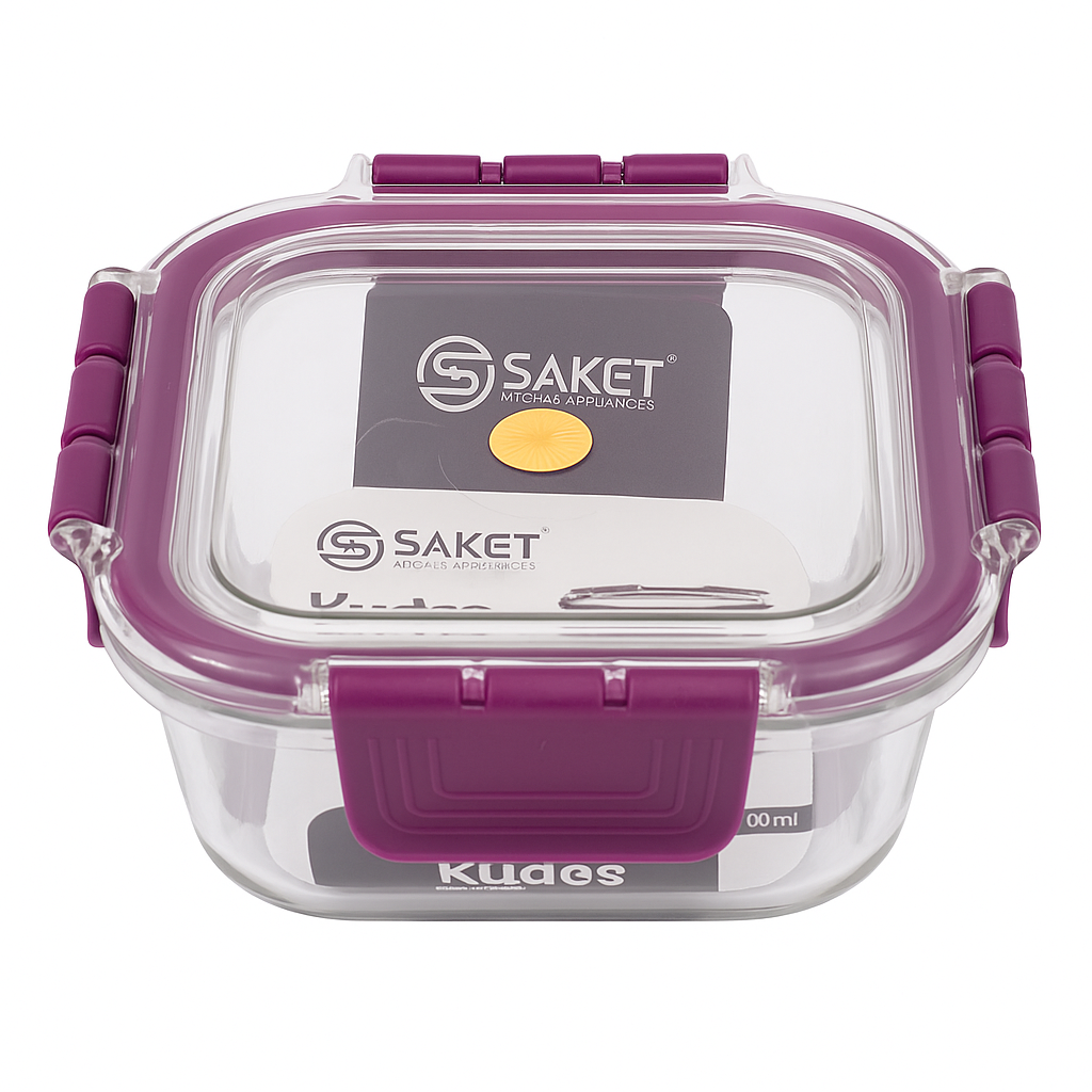 Saket Airtight Glass Food Storage Container – 600ml Leak-Proof Lunch Box with Purple Lock Lid | Microwave & Dishwasher Safe