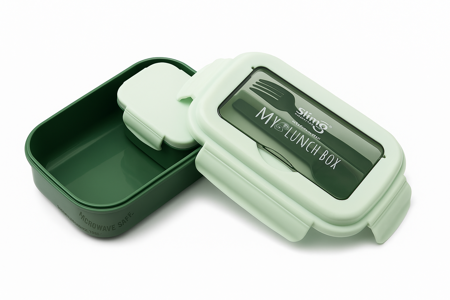 Slings My Lunch Box – Stylish Dual Compartment Lunch Box with Spoon & Fork | Microwave Safe, Leak-Proof & Compact Design (Green)