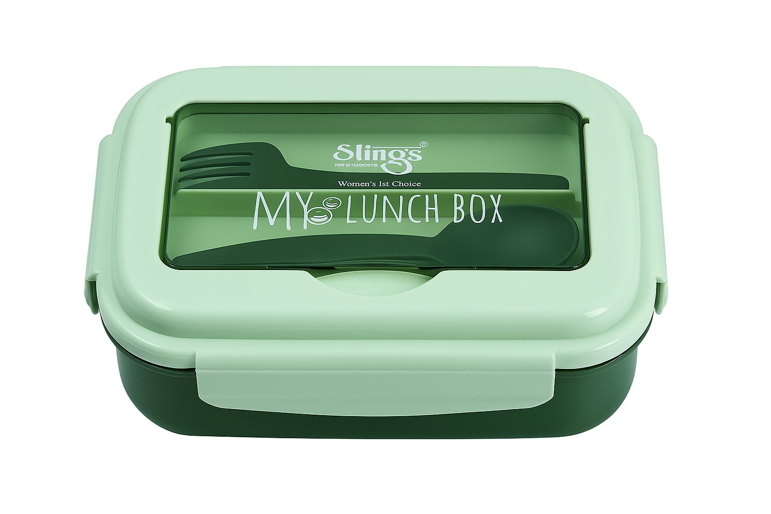Slings My Lunch Box – Stylish Dual Compartment Lunch Box with Spoon & Fork | Microwave Safe, Leak-Proof & Compact Design (Green)