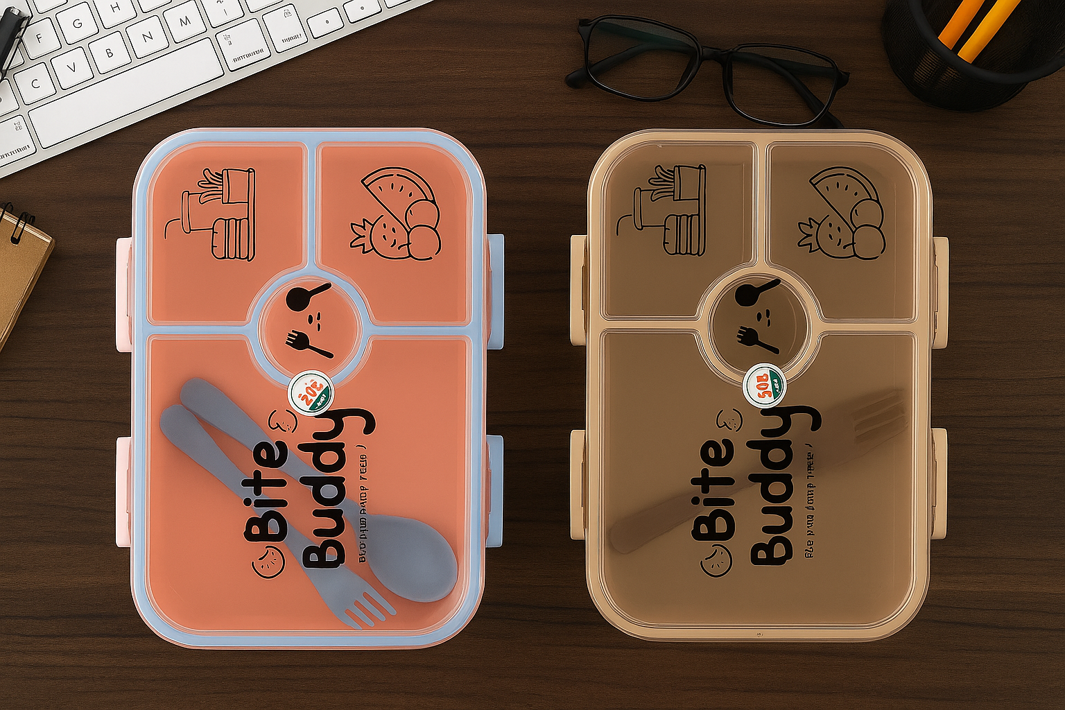 Bite Buddy 3-Compartment Lunch Box with Spoon & Fork | Leak-Proof, BPA-Free, Microwave Safe Tiffin for Kids & Office (2-in-1 Set)