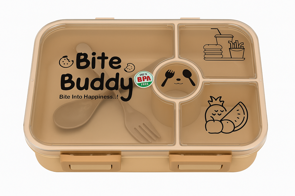 Bite Buddy 3-Compartment Lunch Box with Spoon & Fork | Leak-Proof, BPA-Free, Microwave Safe Tiffin for Kids & Office (2-in-1 Set)