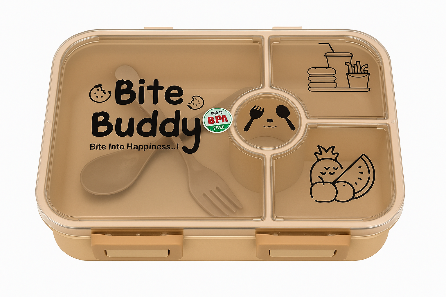 Bite Buddy 3-Compartment Lunch Box with Spoon & Fork | Leak-Proof, BPA-Free, Microwave Safe Tiffin for Kids & Office (2-in-1 Set)
