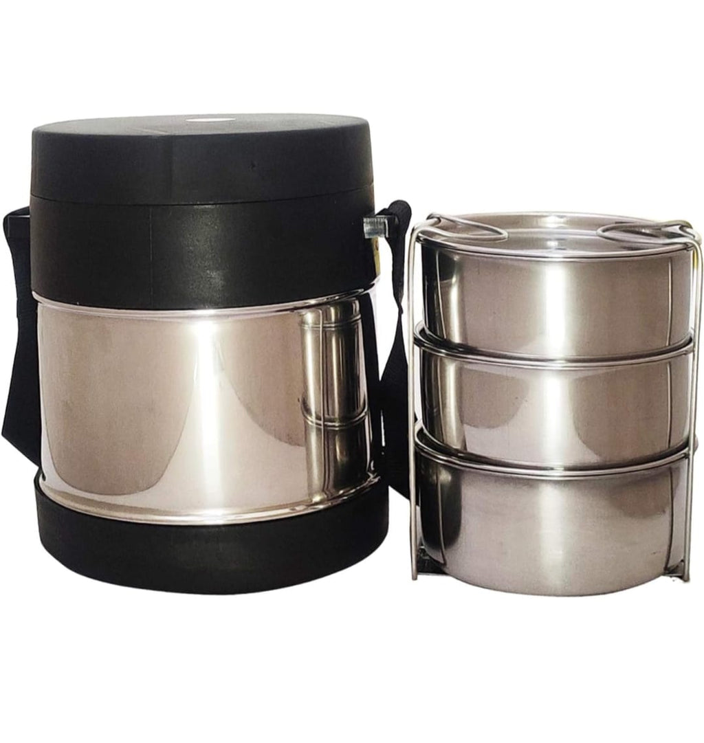 Stainless Steel 3-Tier Insulated Lunch Box with Carry Case – Leak-Proof, Durable & Travel-Friendly Tiffin Set