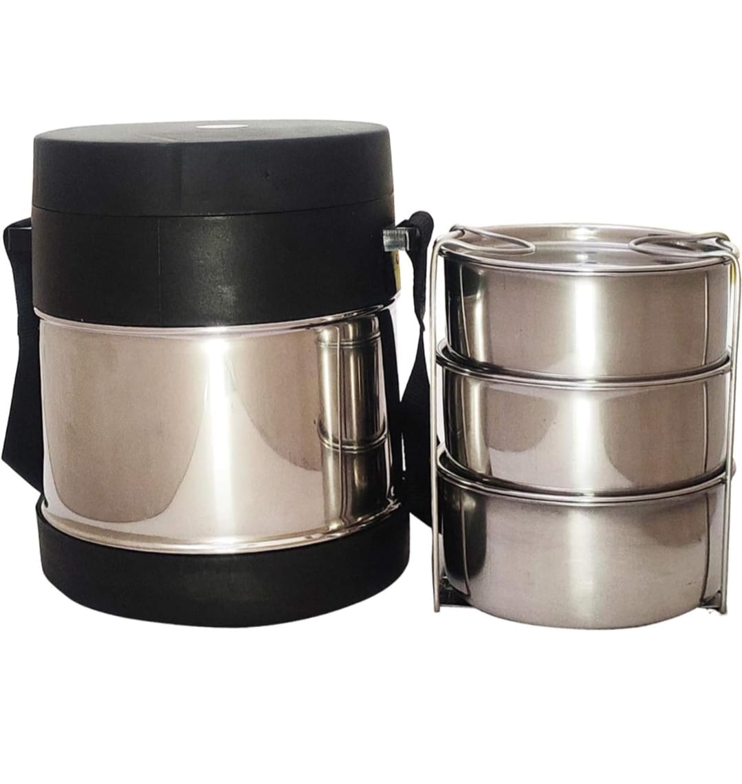 Stainless Steel 3-Tier Insulated Lunch Box with Carry Case – Leak-Proof, Durable & Travel-Friendly Tiffin Set